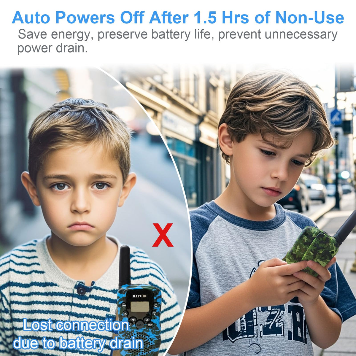 BATURU walkie talkies with built-in battery powering long backyard adventures.