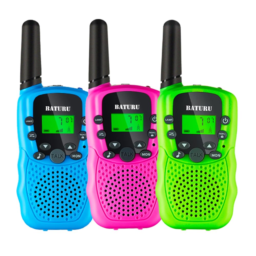 BATURU walkie-talkies for kids showing 3-mile range for outdoor play