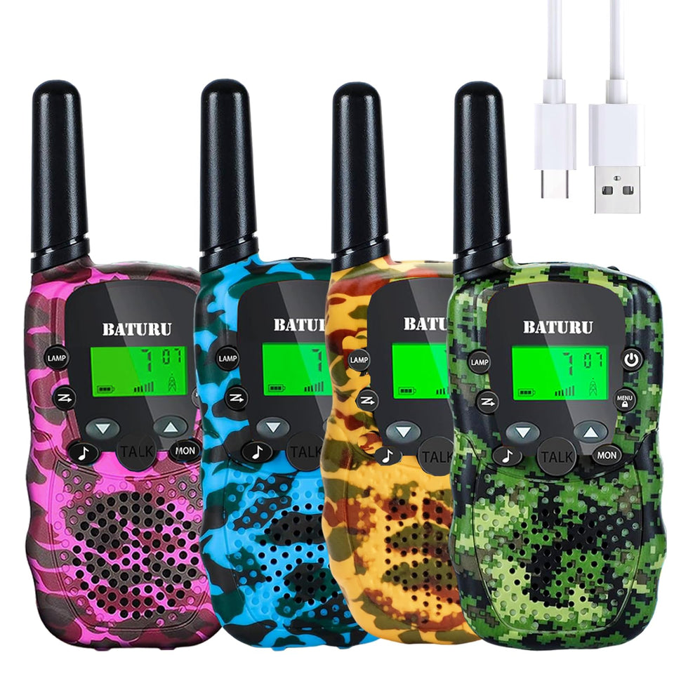 BATURU 4-pack kids walkie talkies for outdoor play with clear sound.