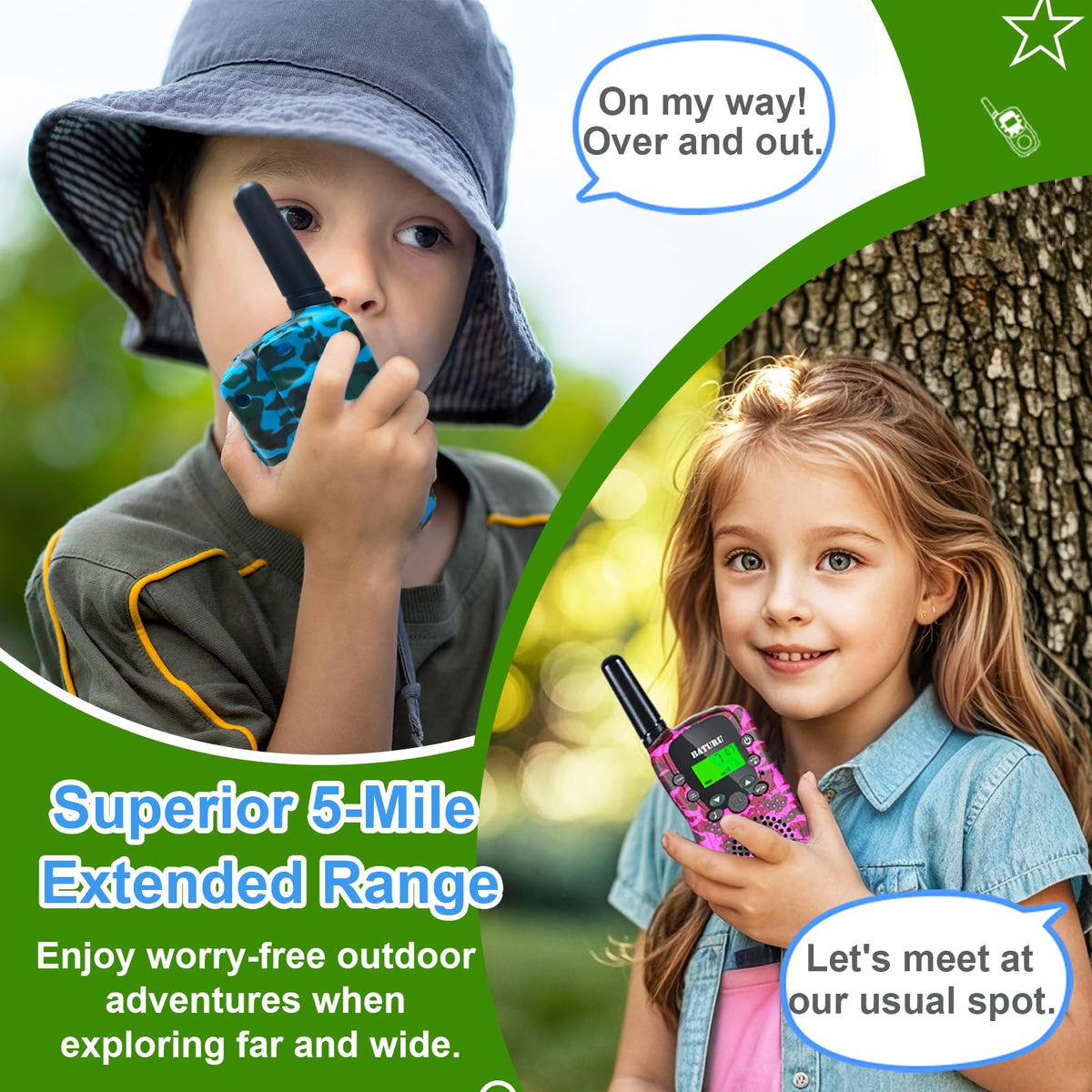 BATURU walkie talkies with noise-filtering sound for noisy parks.