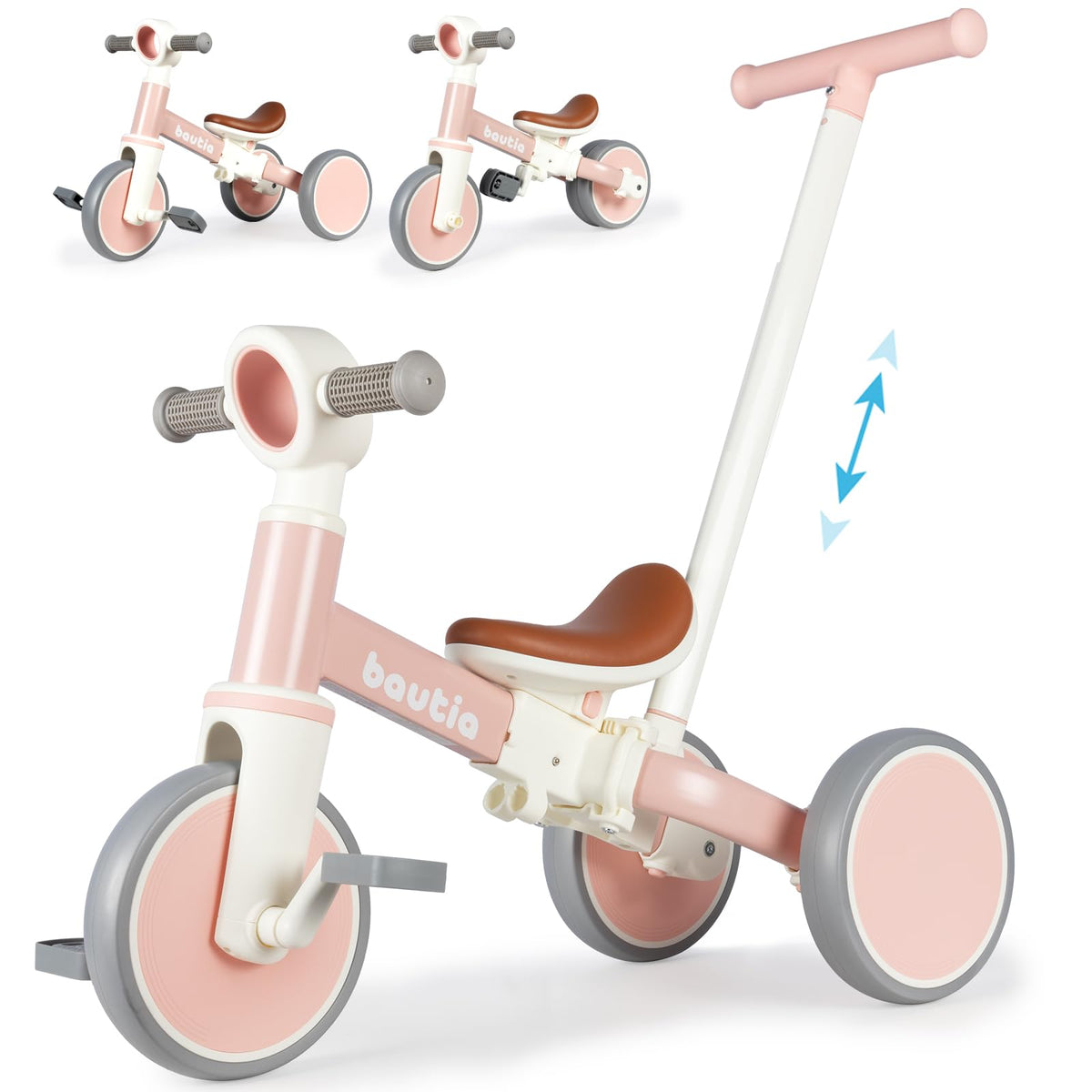 Bautia 5-in-1 tricycle with push-handle: stable support for toddlers during early riding.