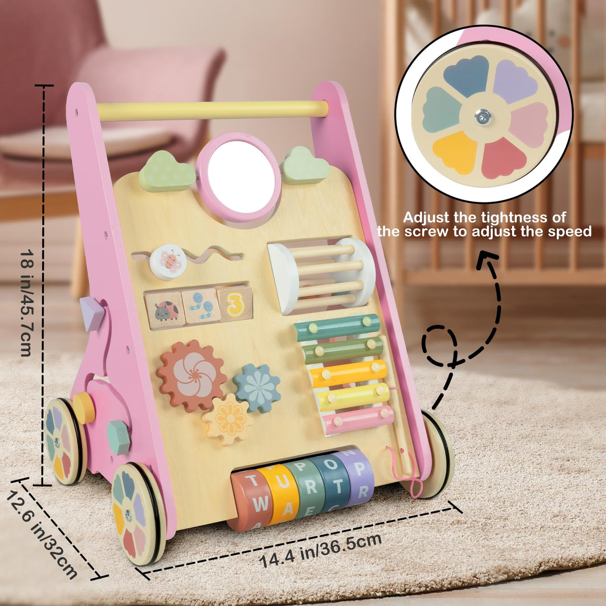 Bautia walker flip board adds visual and tactile engagement for babies.