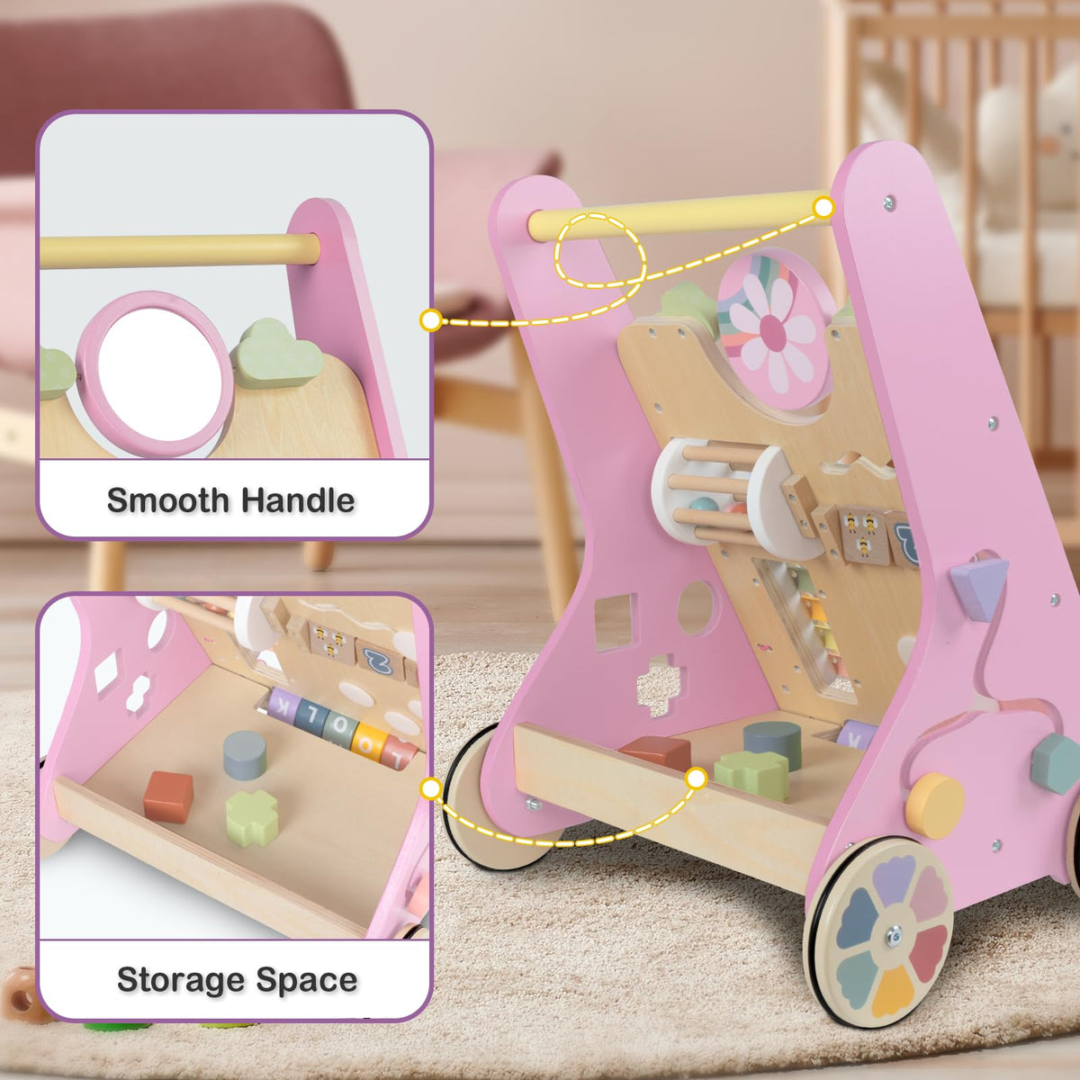 Bautia baby walker with tracking game promotes exploration and problem solving.