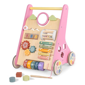 Bautia wooden baby walker with panel supports balance during first steps.