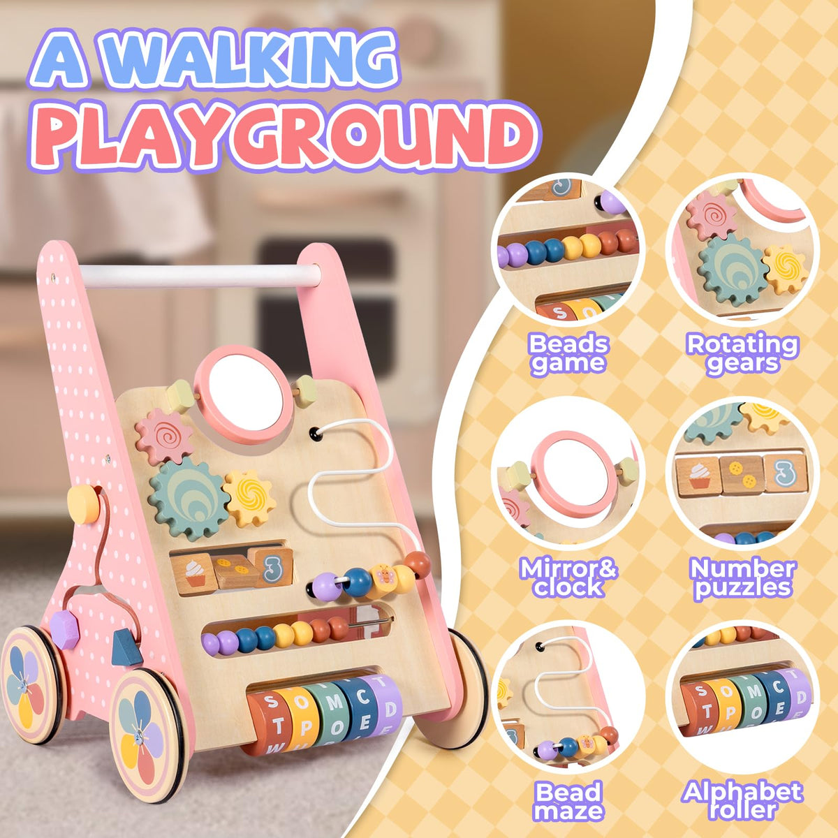 Bautia wooden baby walker alphabet wheel promotes letter learning on the move