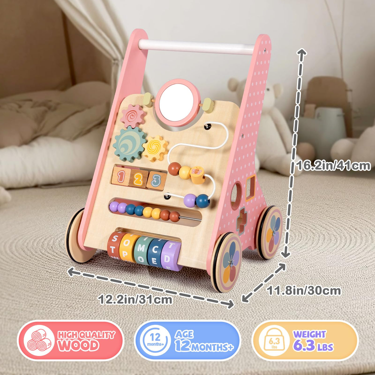 Bautia wooden baby walker spinning gears prompt problem-solving as child moves
