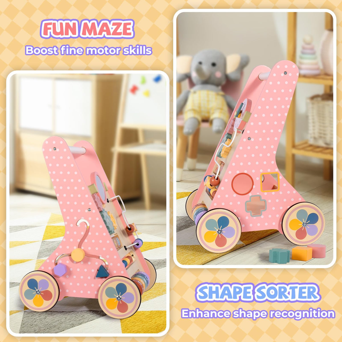 Bautia wooden baby walker storage basket keeps toys within reach during walks