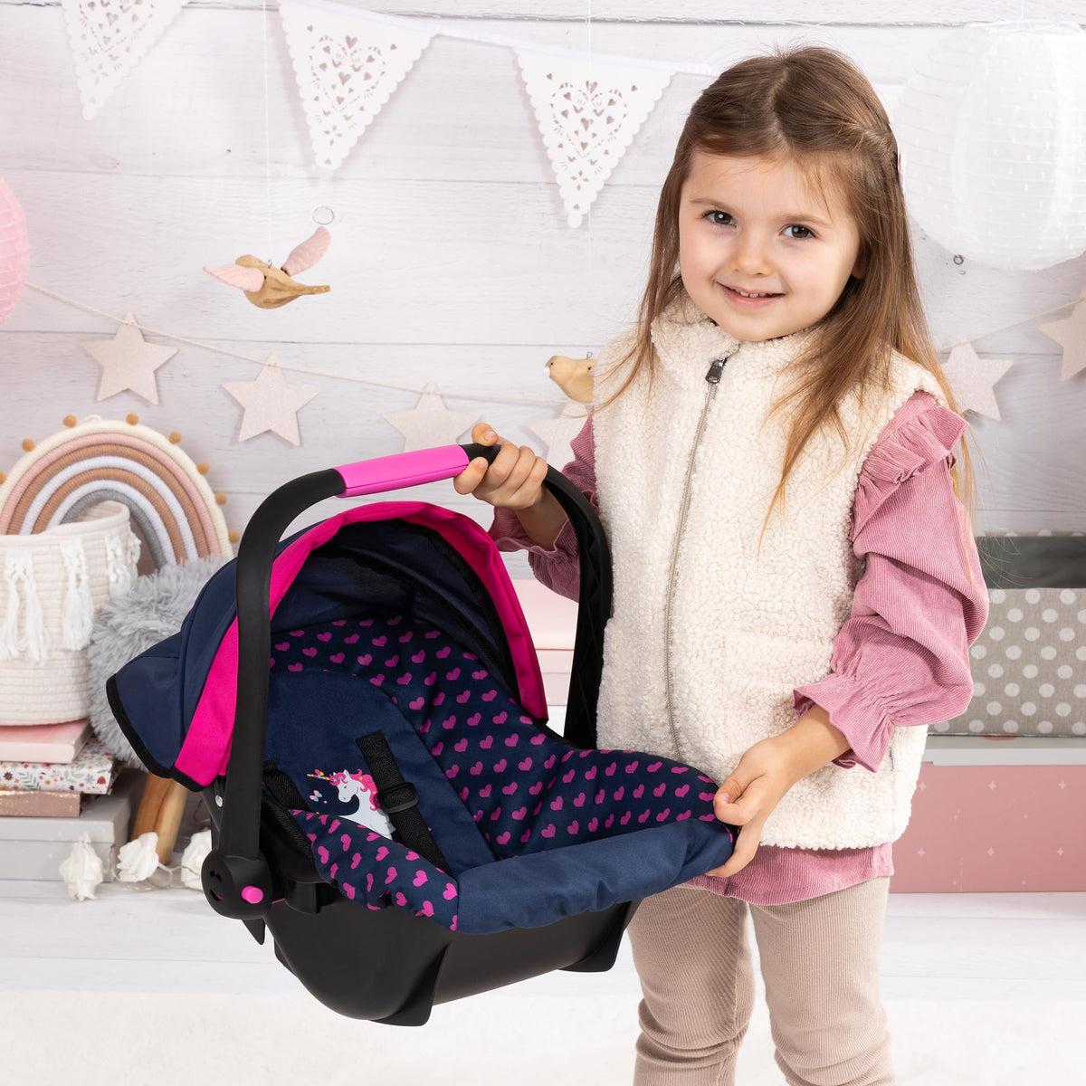 Bayer Baby Doll Car Seat Canopy shielding from sun and wind while seated