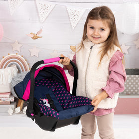 Bayer Baby Doll Car Seat Canopy shielding from sun and wind while seated