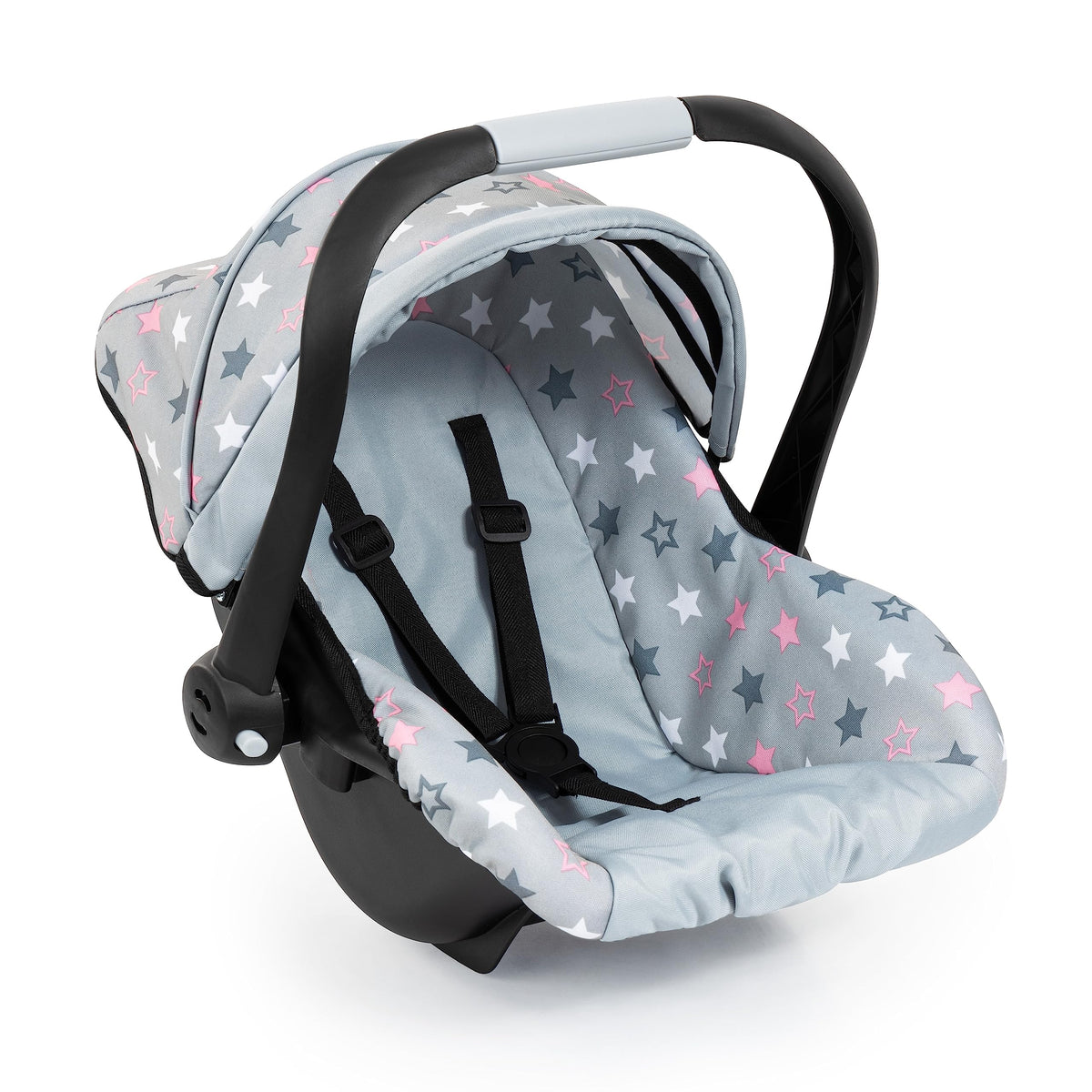 Bayer Baby Doll Car Seat in grey-pink-stars fits dolls up to 18 inches.