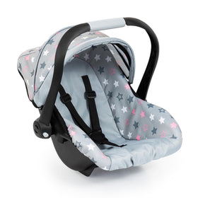 Bayer Baby Doll Car Seat in grey-pink-stars fits dolls up to 18 inches.