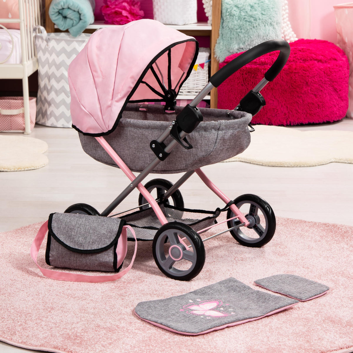 Quilted canopy adds style while inviting pretend outdoor outings.
