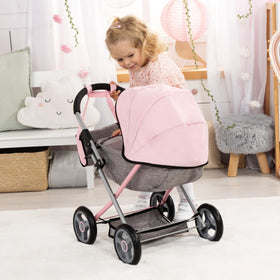 Stroller includes storage basket and shoulder bag for organized caregiving adventures.