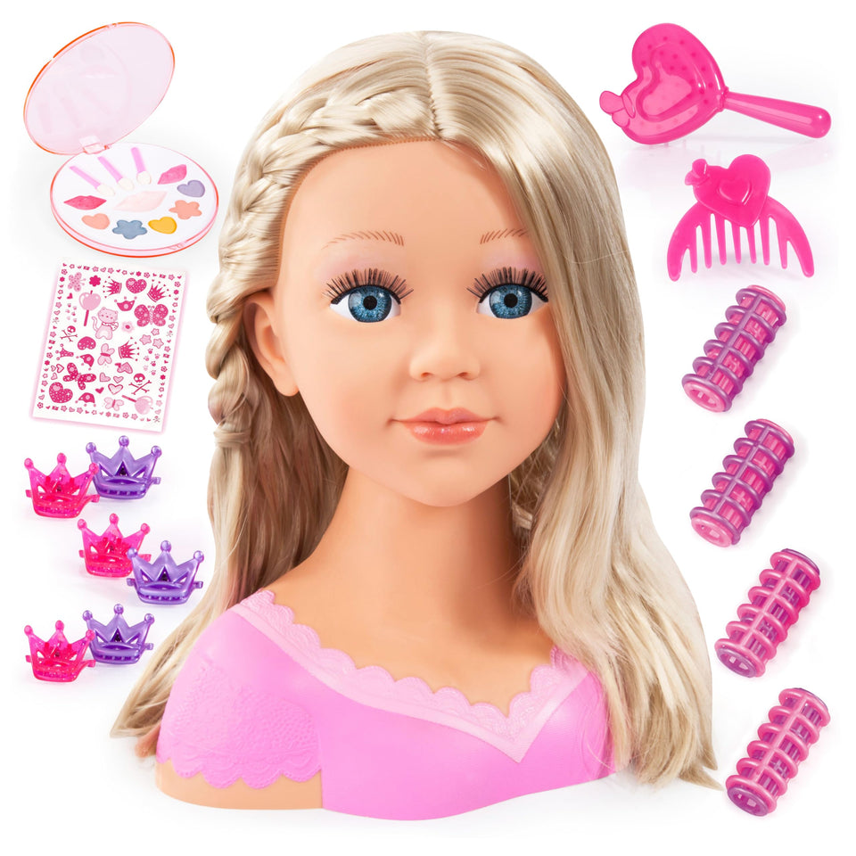 Bayer Charlene styling head with blonde hair for versatile home hair-styling practice.