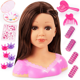 Bayer Charlene styling head with brunette hair for creative hair design practice and pretend play.
