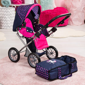 Bayer City Star Doll Stroller sturdy wheels tackle different surfaces for outdoor pretend adventures.