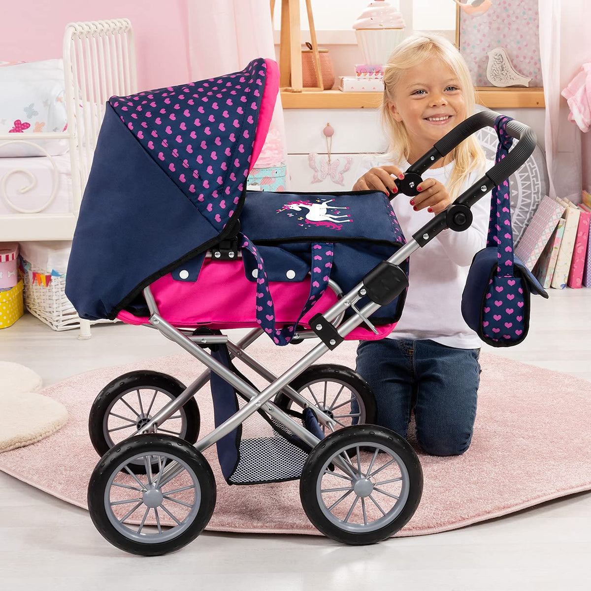 Bayer City Star Doll Stroller shopping basket for extra pretend storage space.