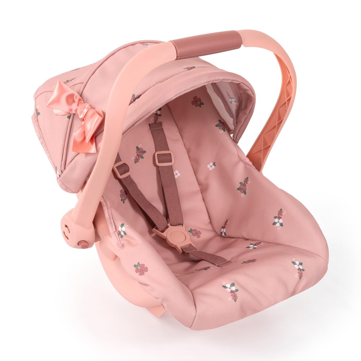 Bayer Design Deluxe Doll Car Seat in coral pink floral for dolls up to 18 inches, inviting play.