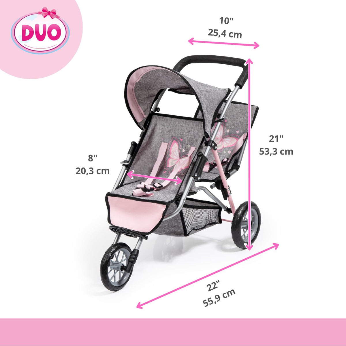 Bayer Design Dolls Twin 3 Wheel Jogger front view emphasizes secure two-doll seating.