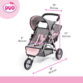 Bayer Design Dolls Twin 3 Wheel Jogger front view emphasizes secure two-doll seating.