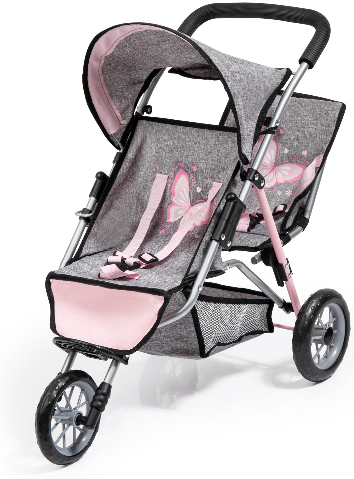 Bayer Design Dolls Twin 3 Wheel Jogger in grey-pink showcases modern style and two-seat capacity.