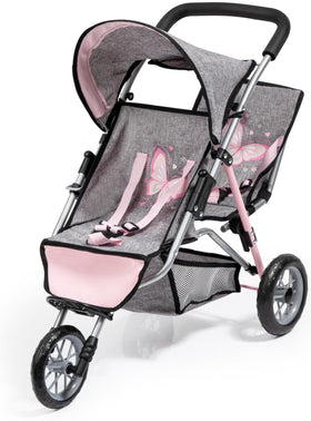 Bayer Design Dolls Twin 3 Wheel Jogger in grey-pink showcases modern style and two-seat capacity.