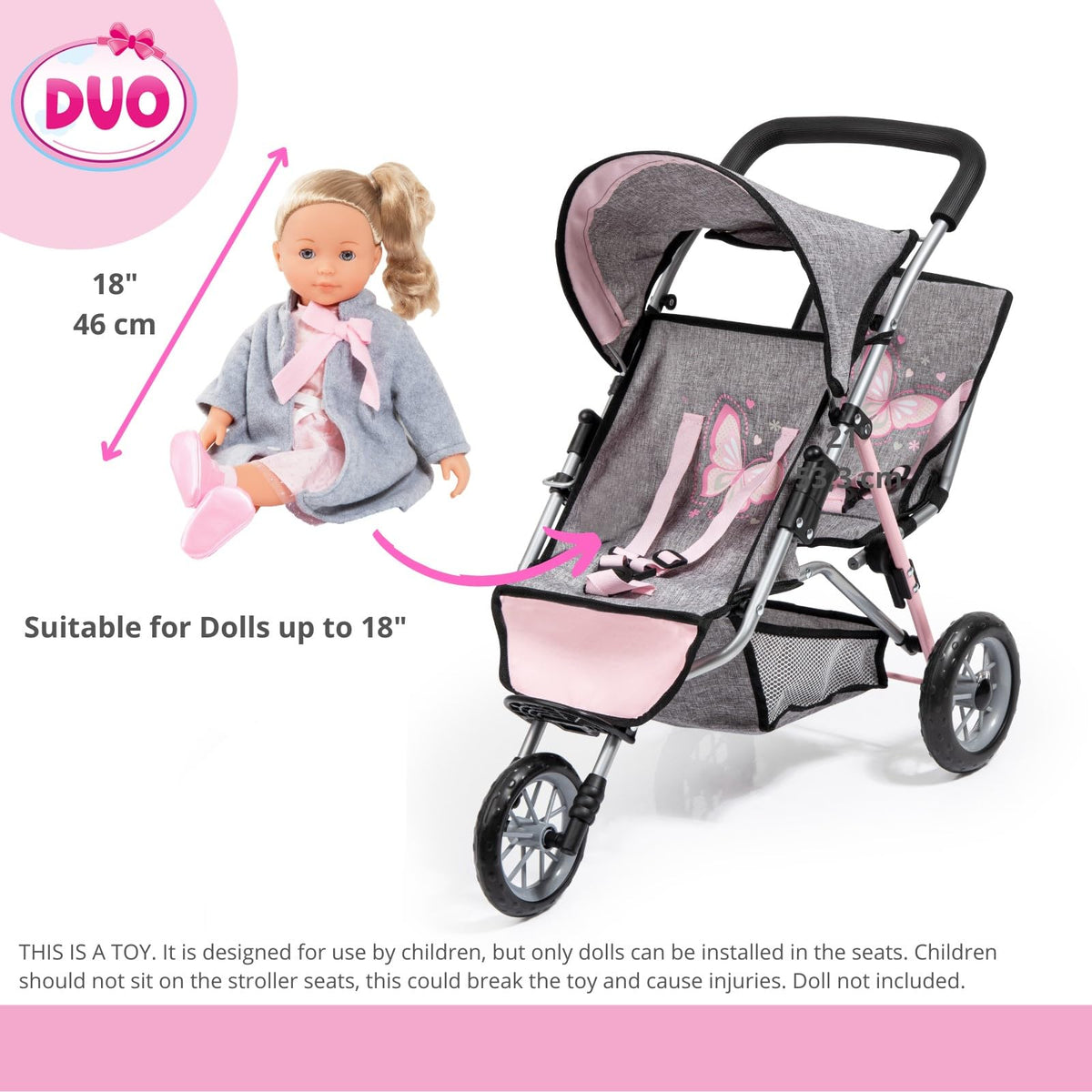 Bayer Design Dolls Twin 3 Wheel Jogger side view highlights maneuverable three-wheel frame.