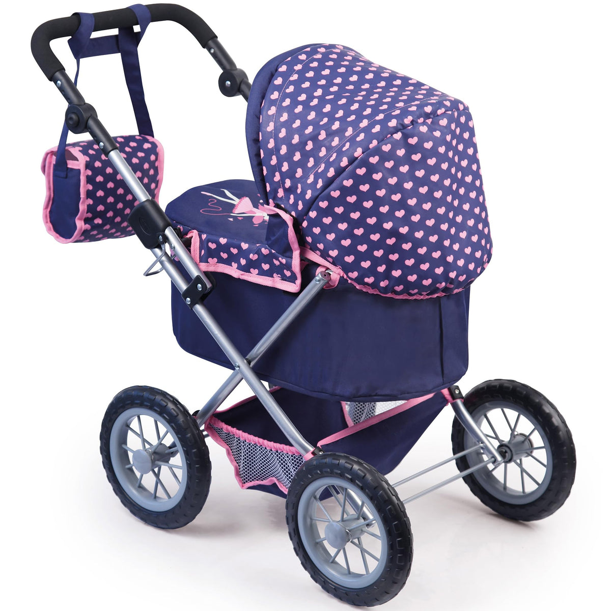 Blue and pink Trendy Pram with heart pattern adds stylish playtime for dolls.