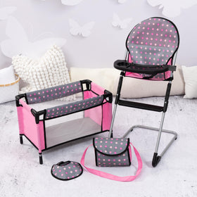 Bayer Doll Bib in grey pink dots supports tidy feeding