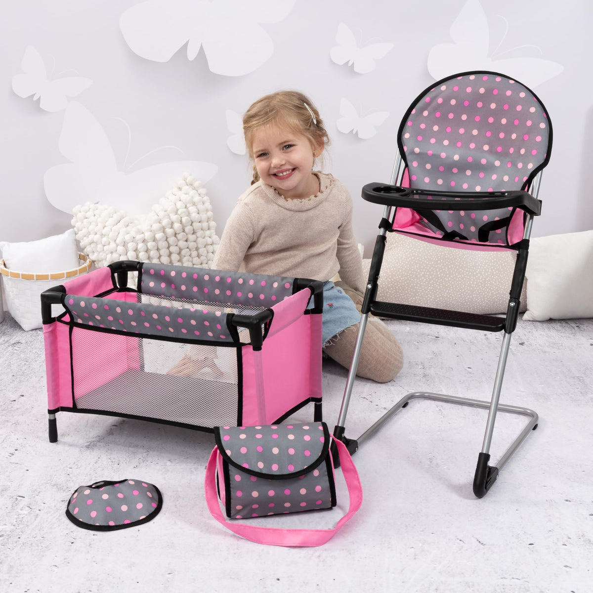 Bayer Doll Crib Bed in grey pink dots for cozy naps