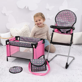 Bayer Doll Crib Bed in grey pink dots for cozy naps