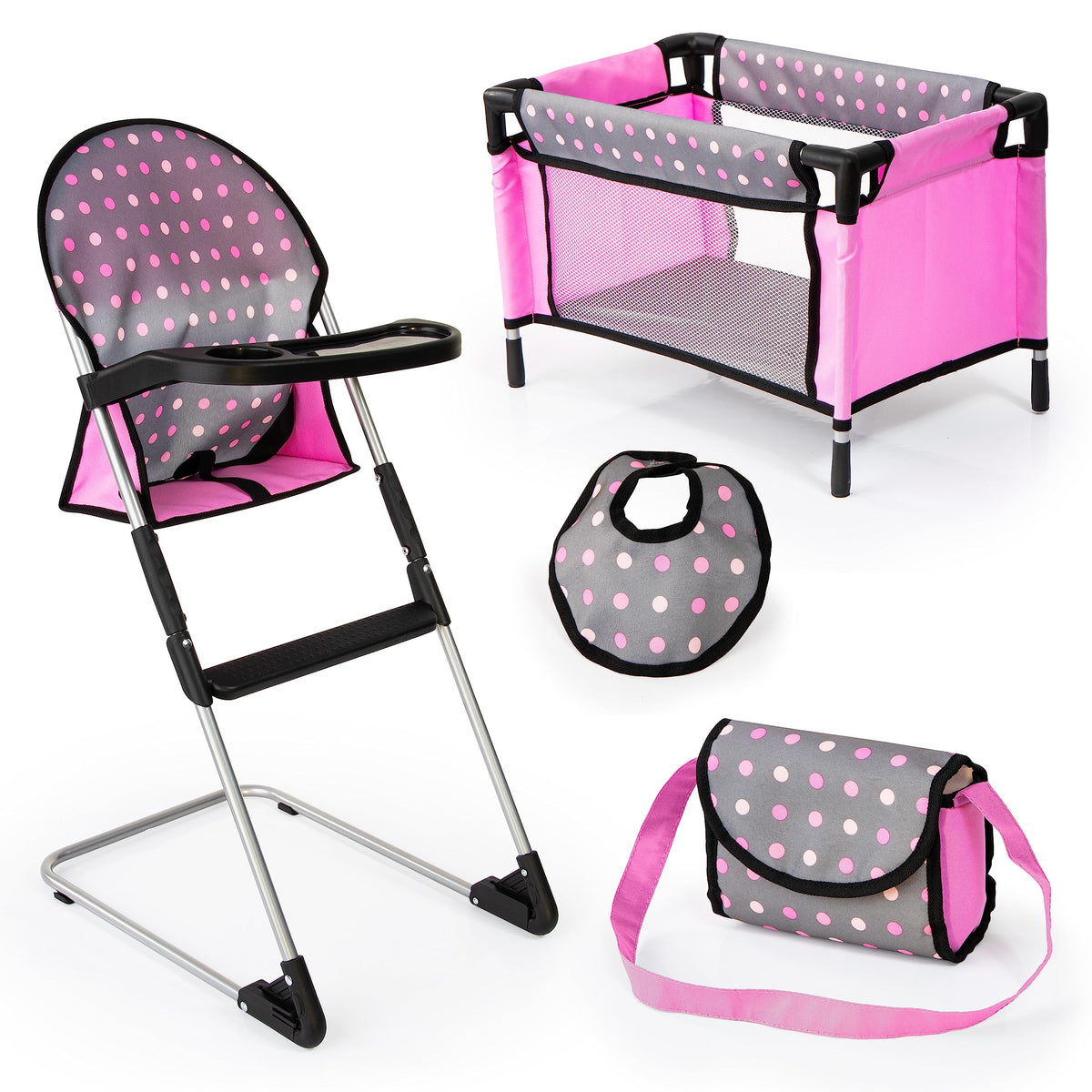 Bayer Doll High Chair in grey and pink dots, safe seating for play