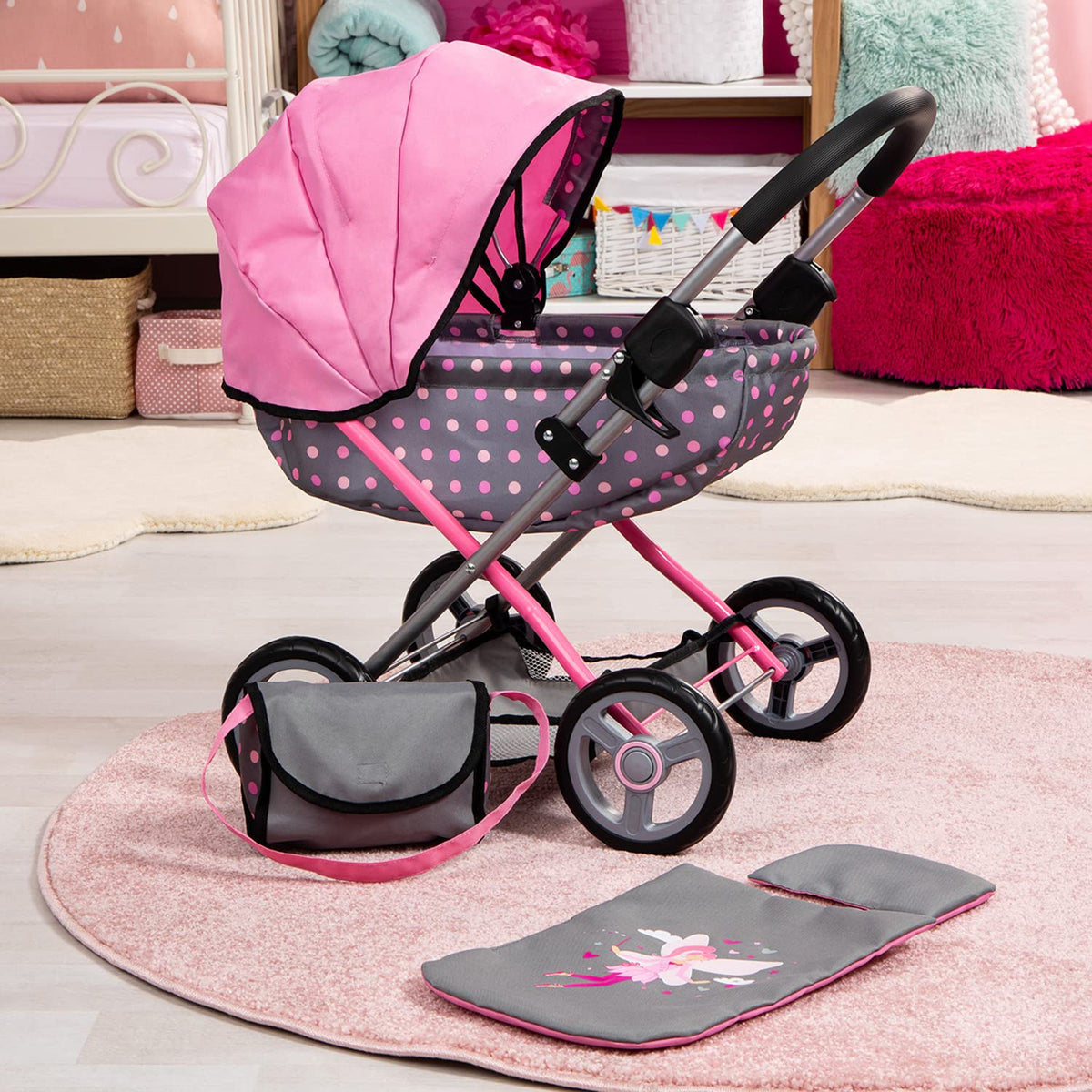 Bayer Doll Pram Large wheels handle indoor and outdoor surfaces.
