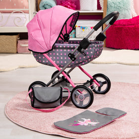 Bayer Doll Pram Large wheels handle indoor and outdoor surfaces.