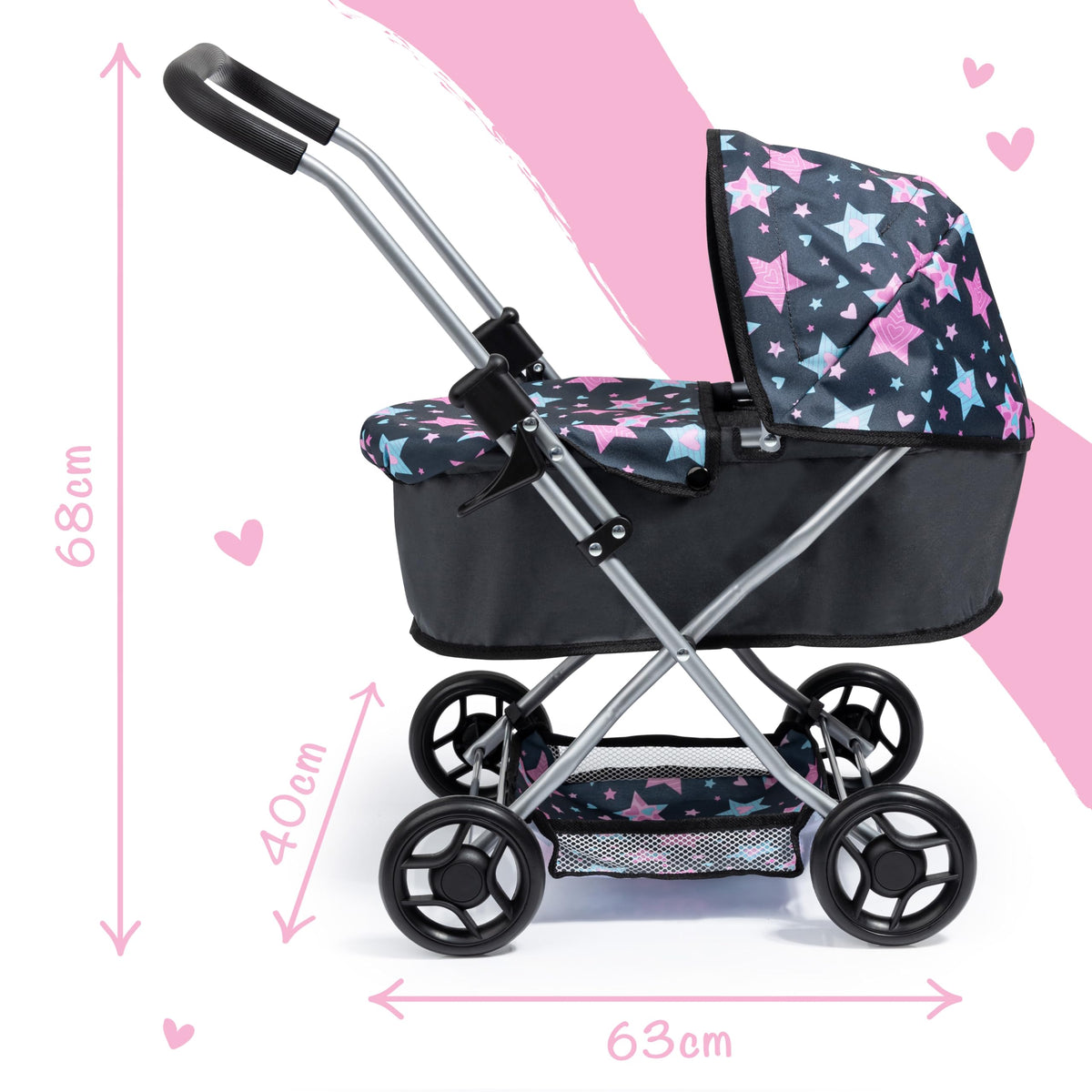 Bayer Pram features sturdy chrome frame and smooth wheels for lasting play.