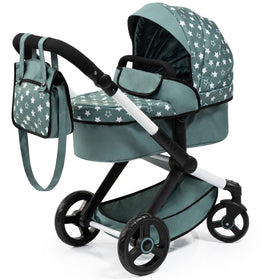 Bayer Xeo doll pram with green stars and handbag supports imaginative nurturing play for kids.