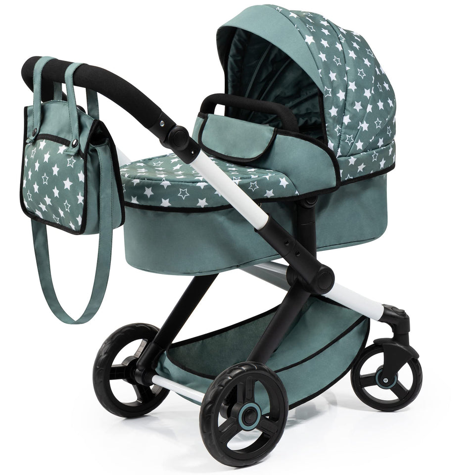 Bayer Xeo doll pram with green stars and handbag supports imaginative nurturing play for kids.