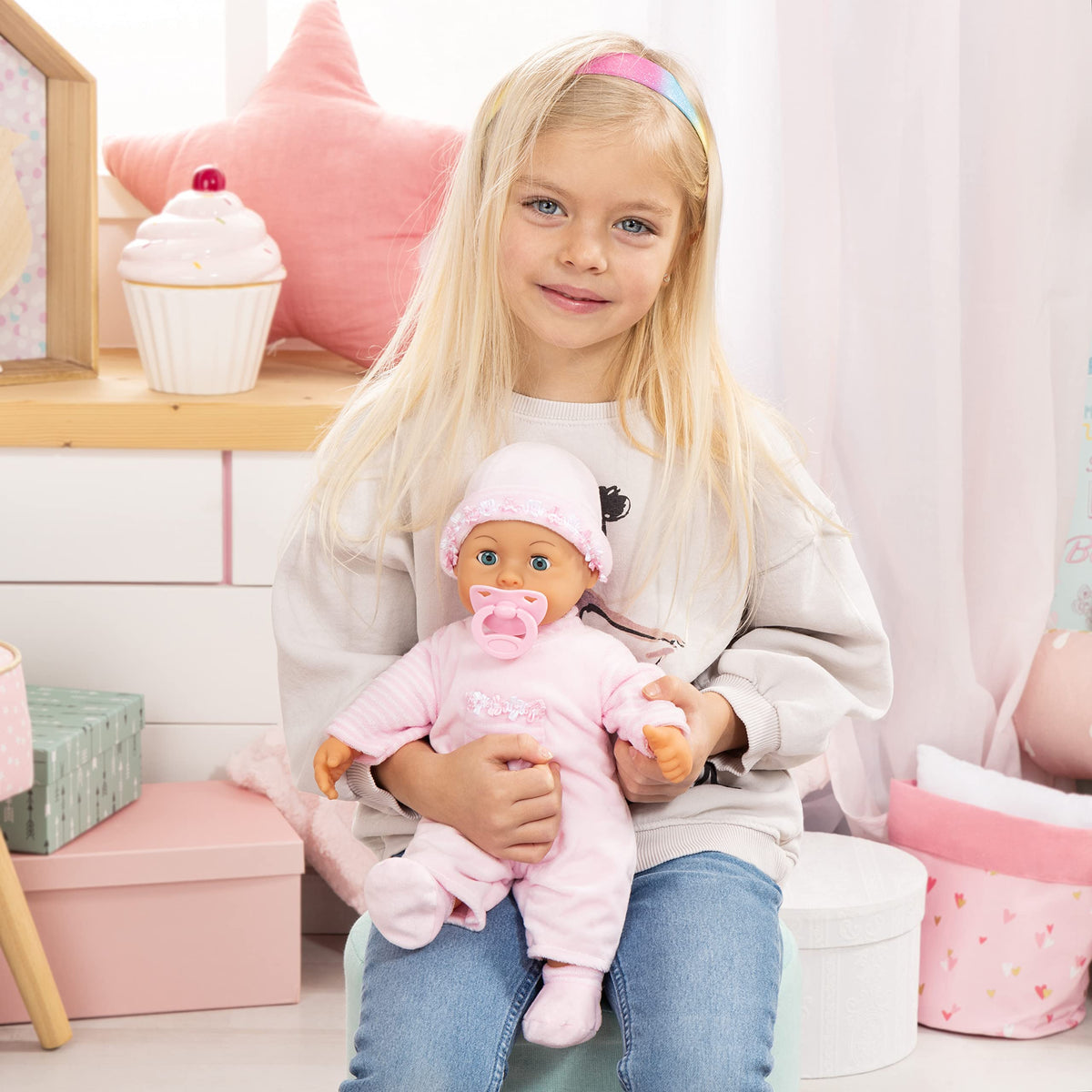 Bayer First Words Baby doll matching hat accessory completes outfit