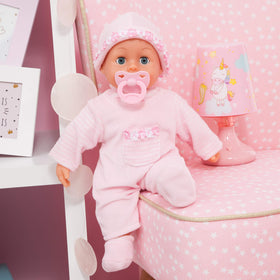 Bayer First Words Baby doll soft pink romper outfit included
