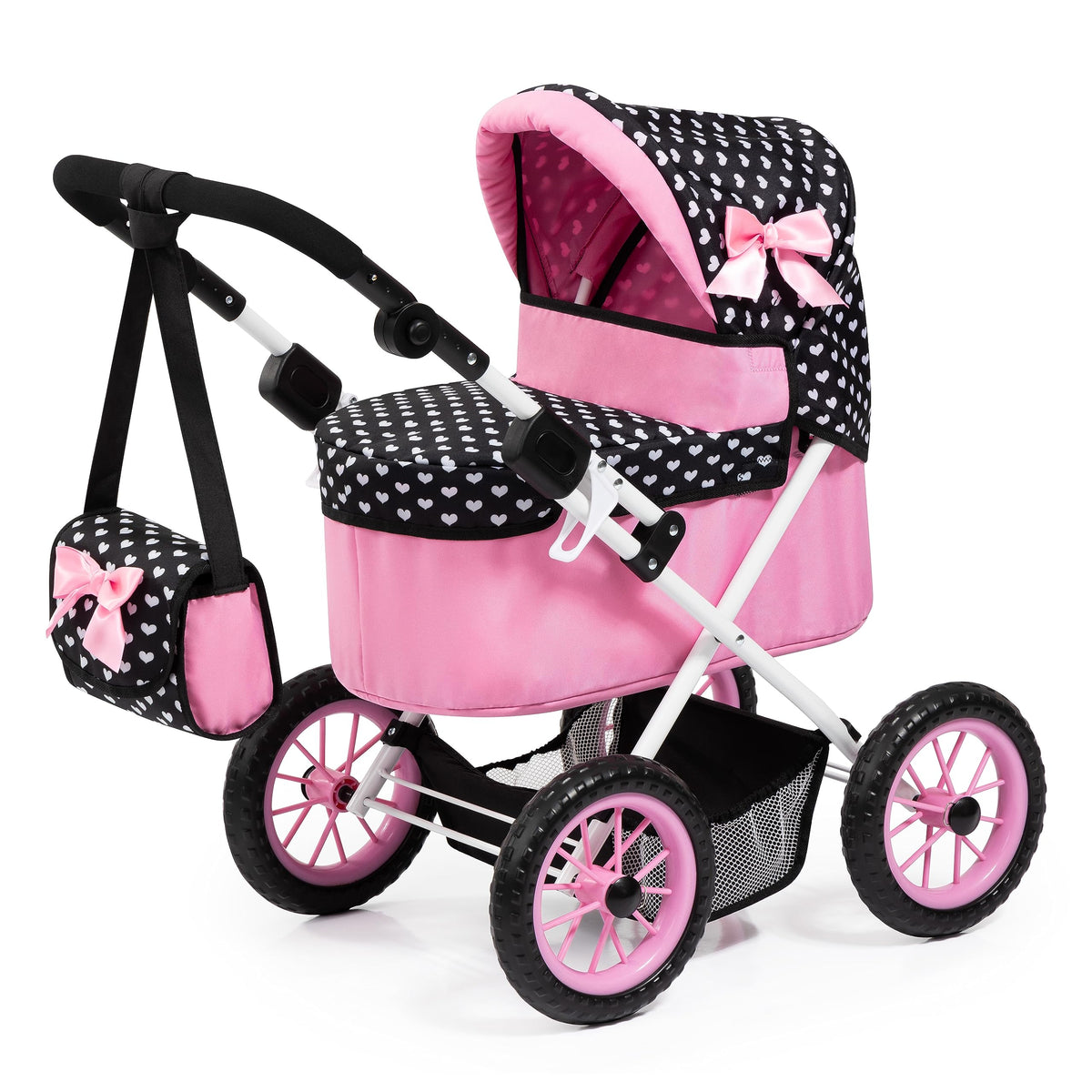 Bayer foldable doll stroller with heart design, easy to store after playtime.