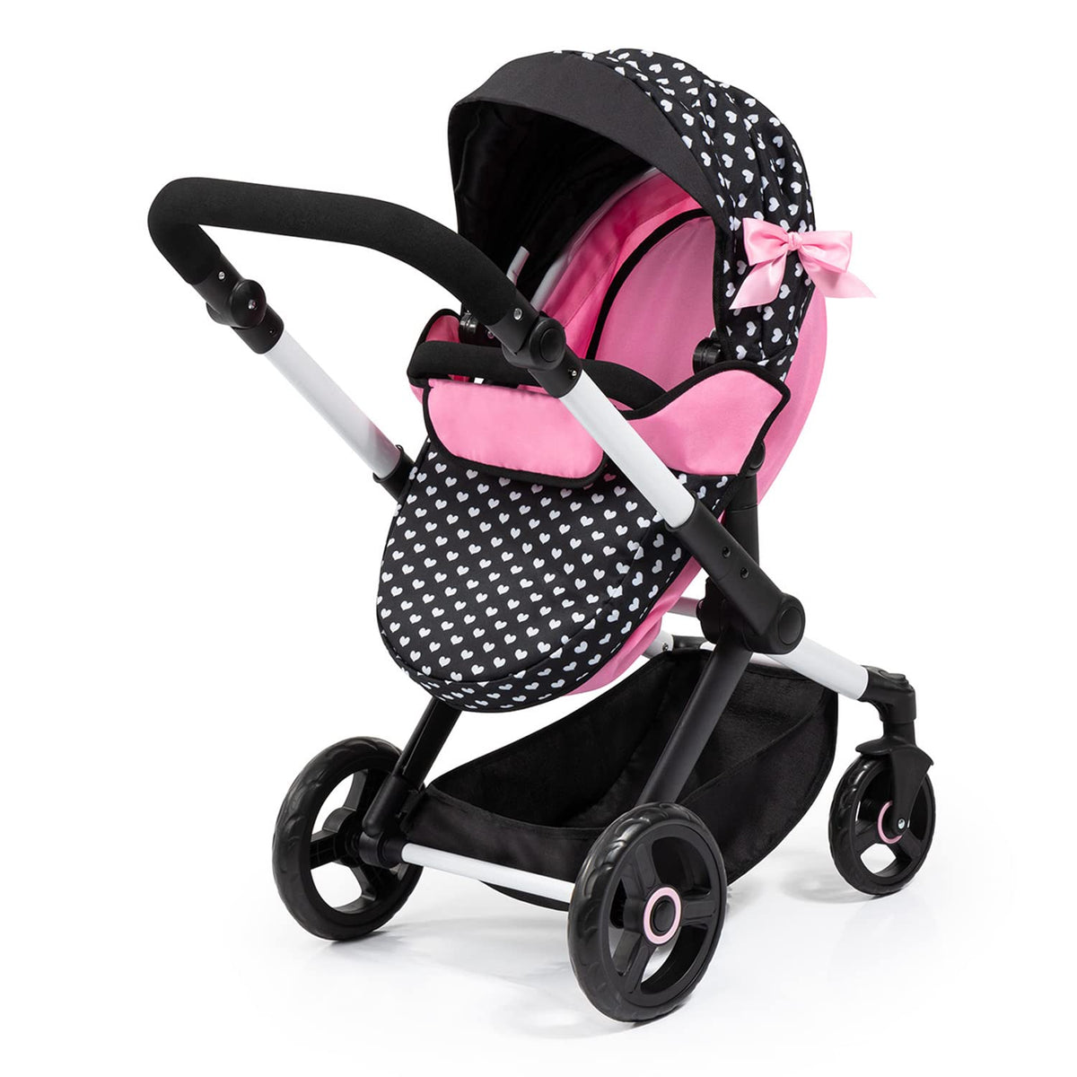 Bayer Pram Xeo Reborn fits 20-inch dolls for extended play sessions.