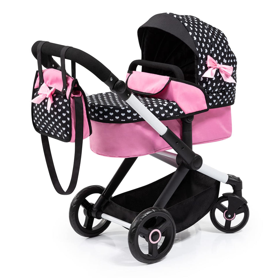 Bayer Pram Xeo Reborn doll stroller in black pink hearts for imaginative play.