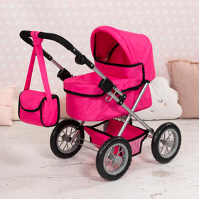 Bayer Trendy Doll Stroller includes shoulder bag for storage.