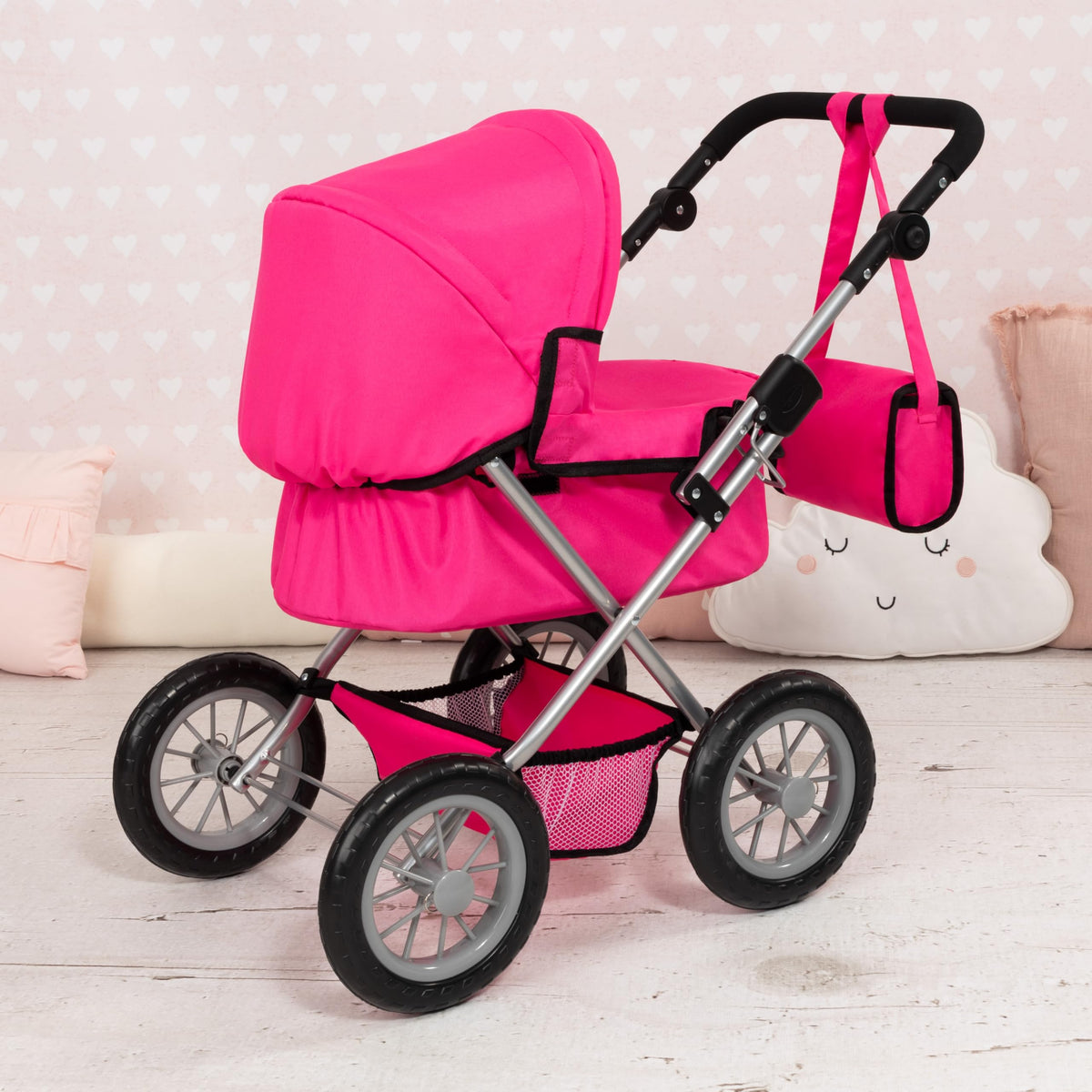 Bayer Trendy Doll Stroller storage basket keeps accessories organized.