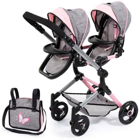 Bayer Twin Doll Pram Neo with butterfly motif offers shared play for two 18-inch dolls.