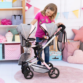 Bayer Twin Doll Pram Neo integrated shopping basket keeps doll accessories organized.