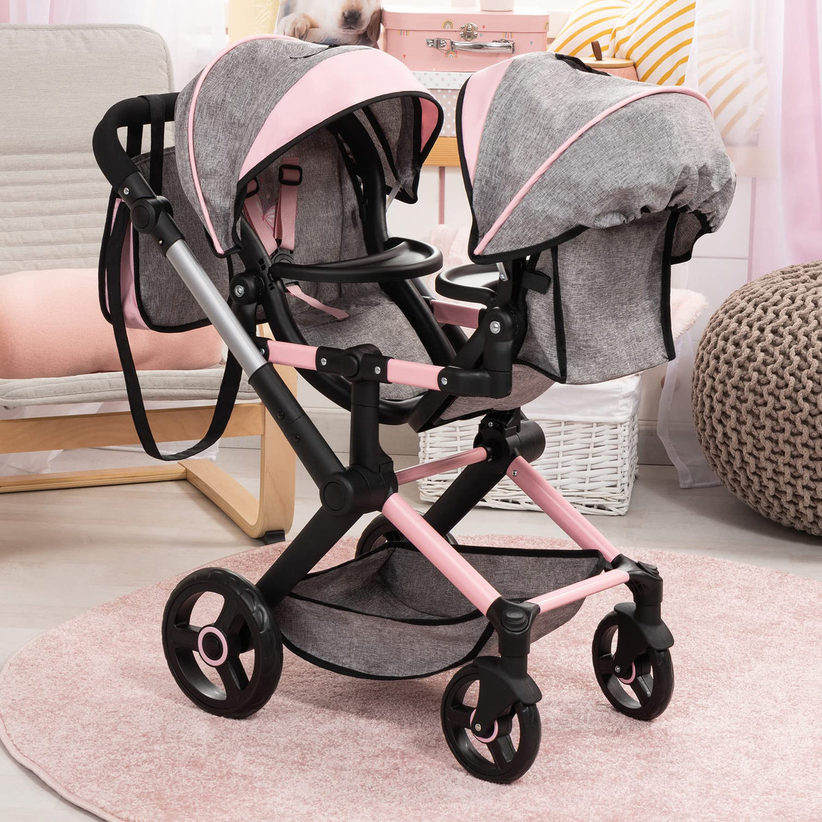 Bayer twin doll stroller adjustable handle, fits growing children for comfortable pushing.