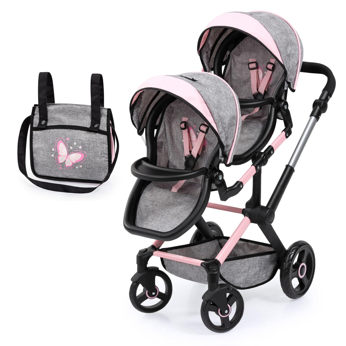 Bayer twin doll stroller butterfly grey pink, ideal for travel and in-car storage.