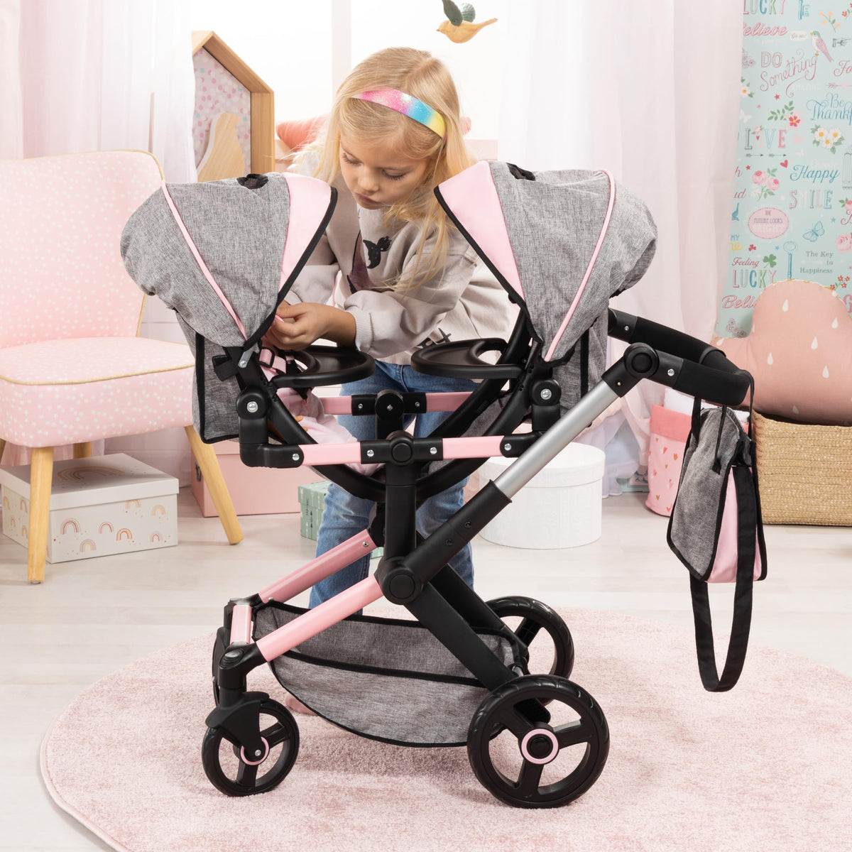 Bayer twin doll stroller shopping basket and handbag, keeps accessories organized.