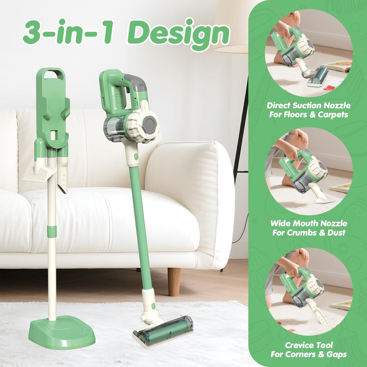 BAYMI 3-in-1 kids vacuum two modes for varied pretend play.